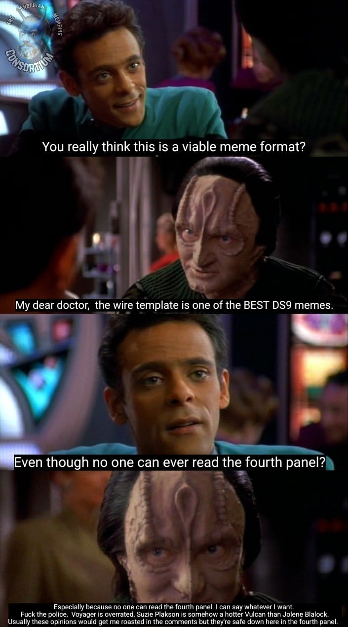 This meme is a play on the Star Trek: The Next Generation episode "The Outcast" where a character named Tasha Yar is being questioned about her past. The meme shows a screenshot of this scene with a caption that says "I can feel your pain" (a phrase that is actually said by a different character, Jarrod, in the movie The Cabin in the Woods) written in a font that looks like it's from the Star Trek: The Next Generation era. The caption is then followed by "I can feel your pain" written again, this time in a font that looks like it's from the movie The Cabin in the Woods.